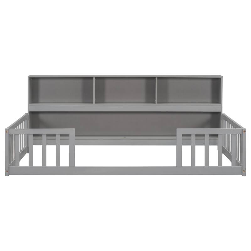 Twin Floor Bed with Bedside Bookcase,Shelves,Guardrails