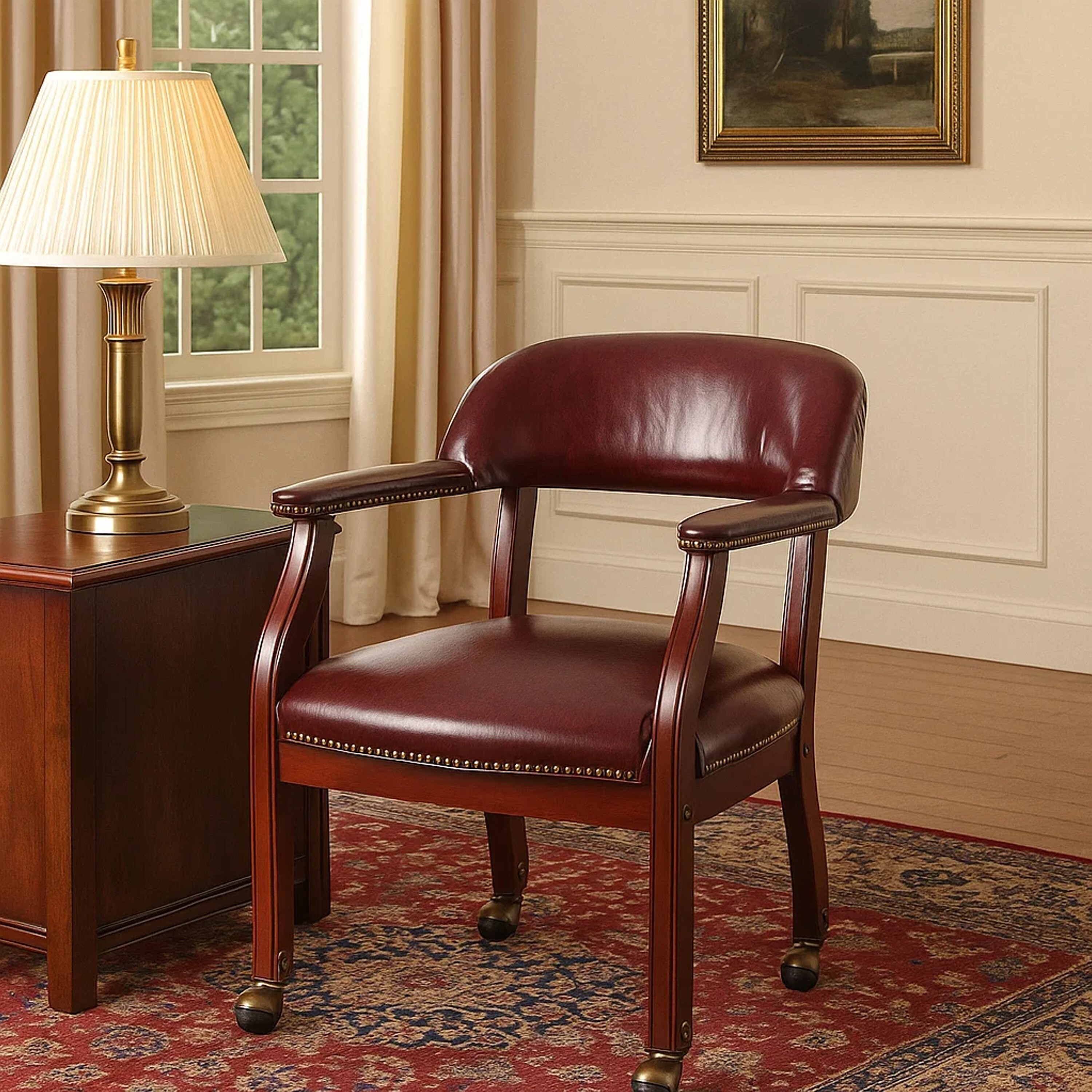 Anna Captain Chair, Nailhead Trim, Hooded Wheel, Burgundy Oxblood