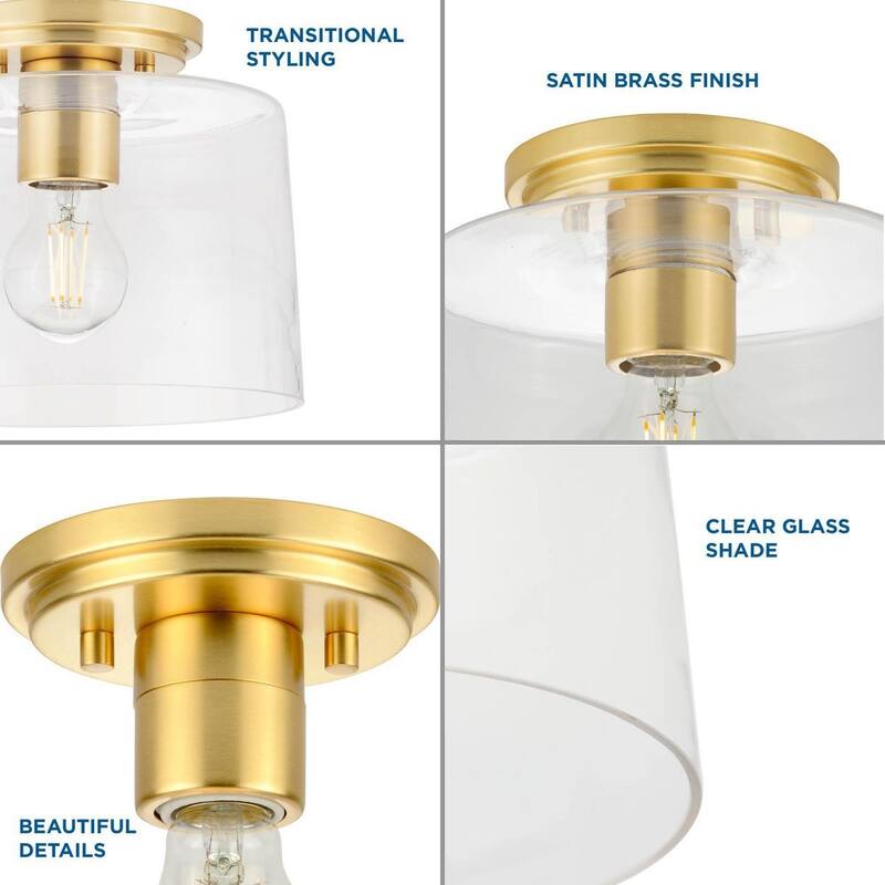 Adley Collection One-Light Satin Brass Clear Glass New Traditional Flush Mount Light - 8.62 in x 8.62 in x 7.37 in