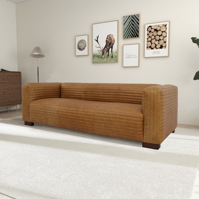 Zenith 90" Wide Mid Century Modern Living Room Leather Couch in Tan