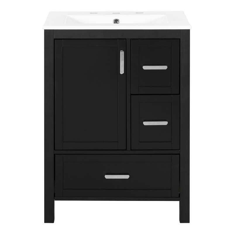 Modern 24-inch Bathroom Vanity with Ceramic Sink, Soft-Close Door, Double-Layer Door Shelf, and 3 Drawers