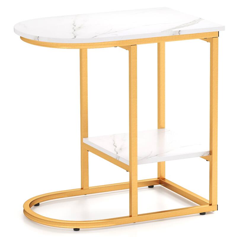 Gymax C-Shaped Side Table Compact 2-tier Storage End Table for Small