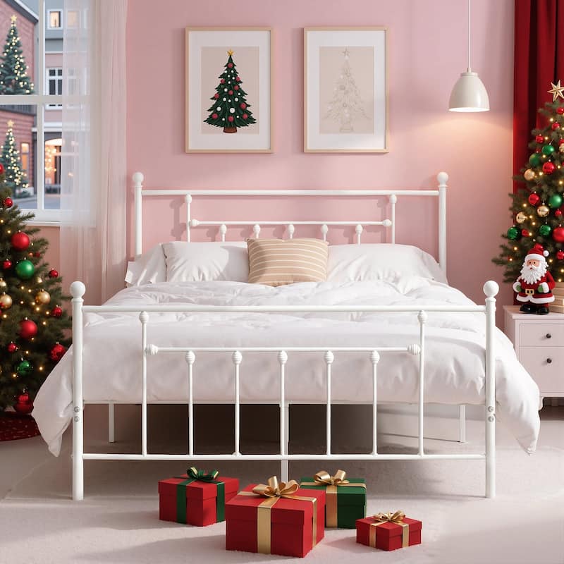 VECELO Metal Platform Bed Frame with Headboard and Footboard Heavy Duty Slat Support Underbed Storage Space Victorian Style - White - Queen