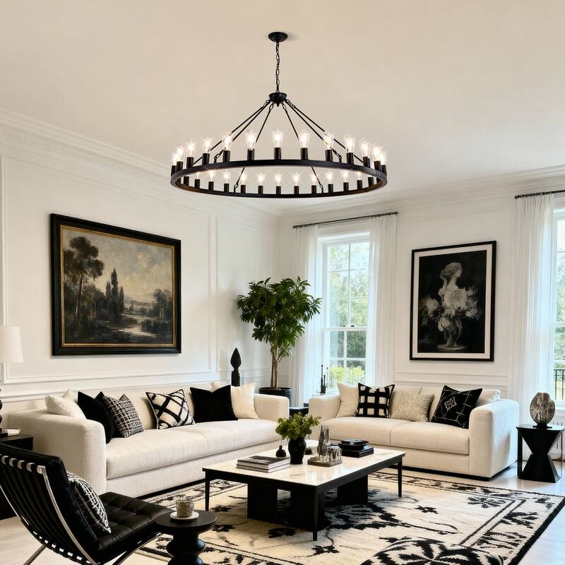 64 Inch Matte Black Wagon Wheel Chandelier With 30-Lights (No Bulbs)-E26