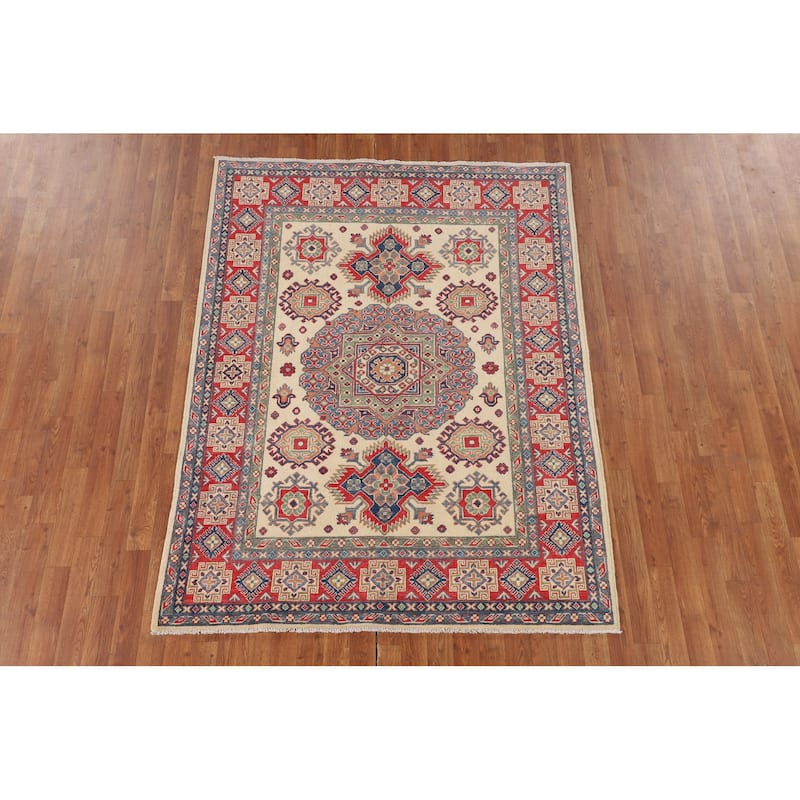 Kazak Oriental Area Rug Handmade Traditional Beige Wool Carpet - 5'0" x 6'6"