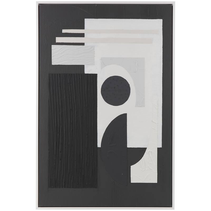 Black or White Canvas Textured Abstract Framed Wall Art with Various Geometric Shapes and White Accents