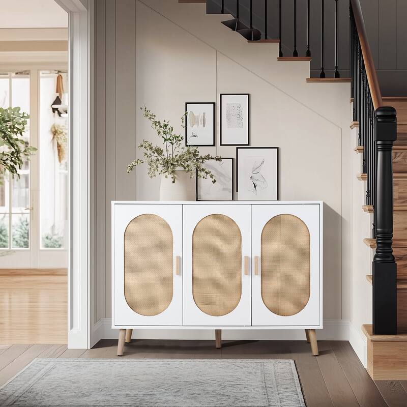 3-Door Shoe Cabinet with White Frame and Oval Rattan Surface Perfect for Home Entry Storage - 44.49"L × 15.75"W × 32.87"H
