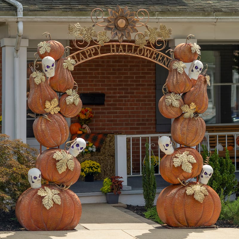 Large 'Happy Halloween' Arch with Pumpkins and Skulls - Black