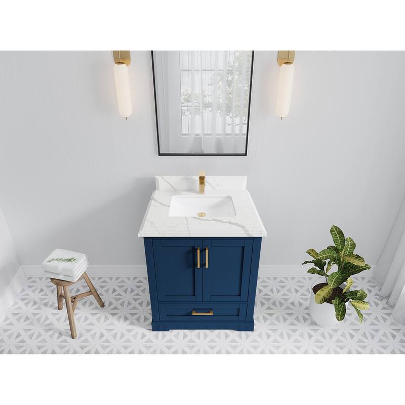 Willow Collection 30 in W x 22 in D x 36 in H Reeded Boston Single Bowl Sink Bathroom Vanity with Quartz or Marble Countertop - 1.5"Calacatta - Navy Blue
