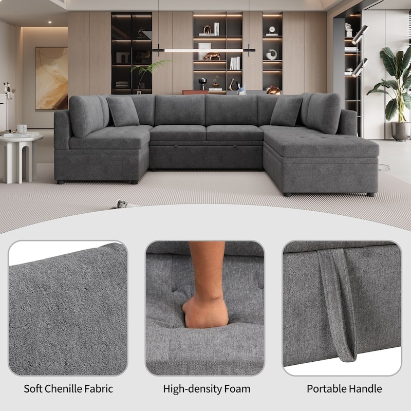 117.3" Oversized U-shaped Pull-out Sofa Bed, Gray Chenille, 2 Pillows
