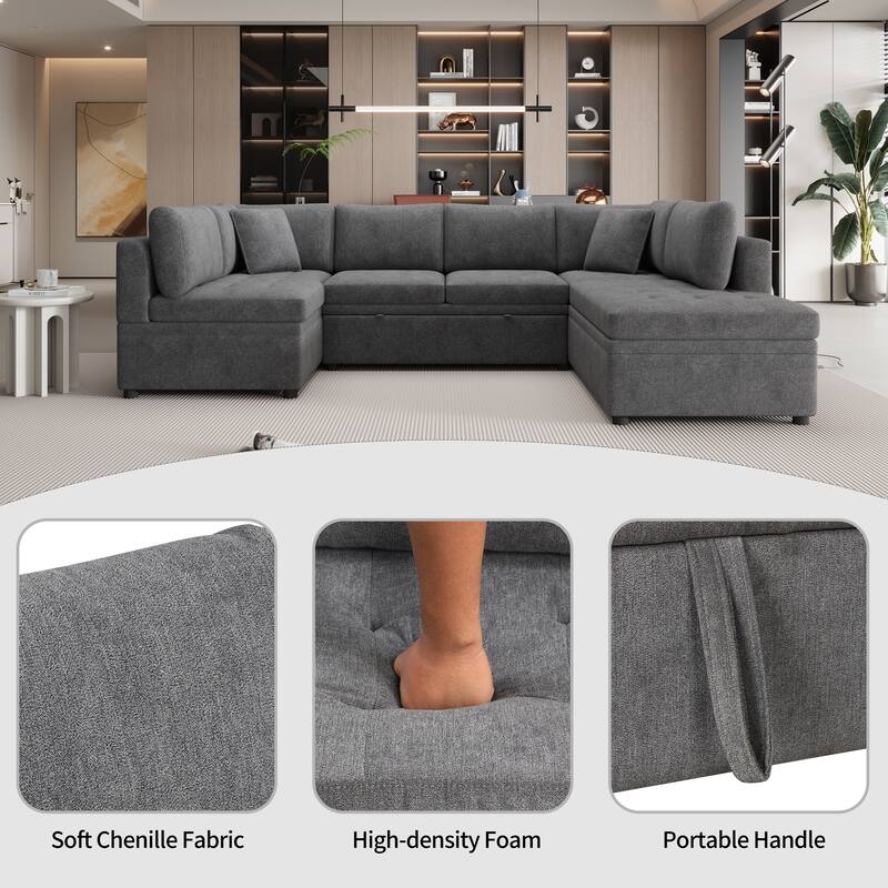 Grey 117" U-Shaped Oversized 6-Seater Sectional Sofa with Chaise, Pull-Out Bed, and 2 Detachable Throw Cushions for Comfort