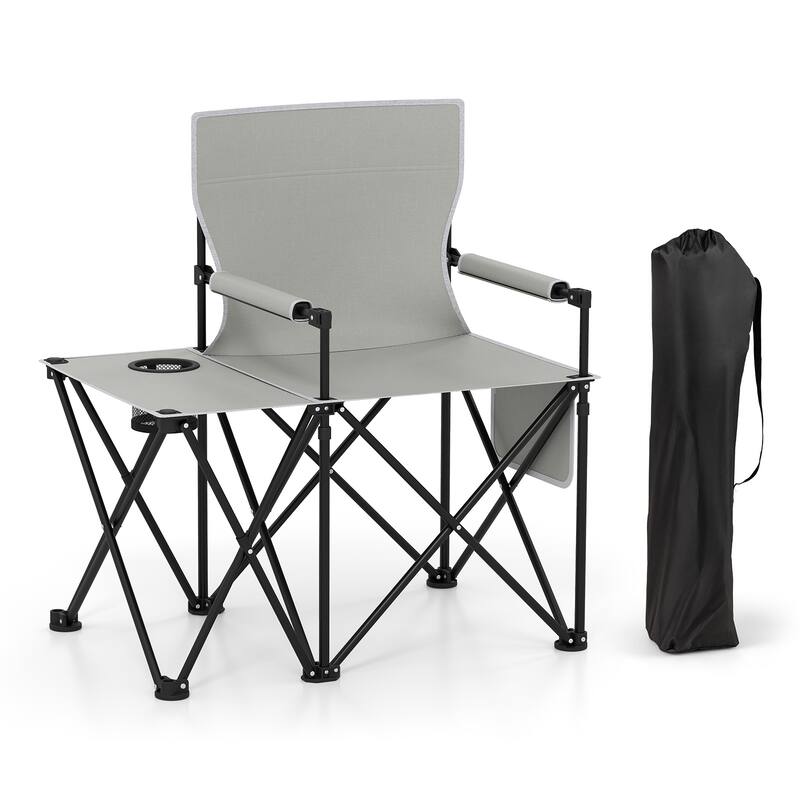 Gymax Oversized Camping Chair w/Side Table 2 Storage Pockets Cup - Grey