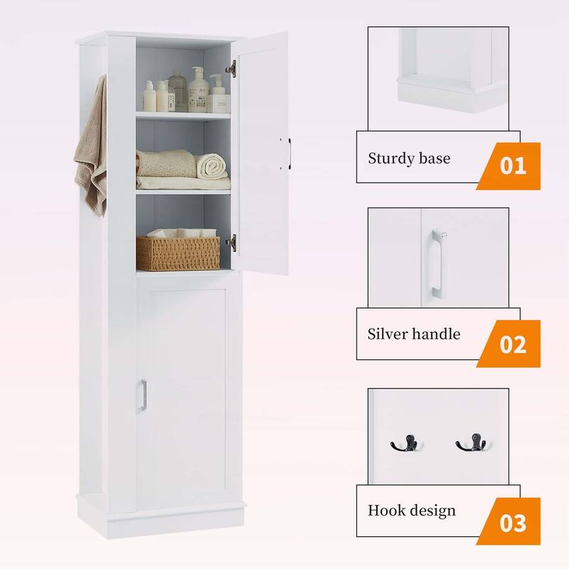 Tall Freestanding Bathroom Storage Cabinet with Adjustable Shelves,Hooks,and Anti-Toppling Device