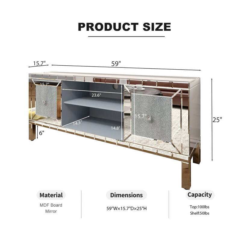 Modern Mirrored Crushed Diamond TV Stand, for 65-Inch TVs with 2 Cabinets and 2 Open Storage Spaces, for Living Rooms