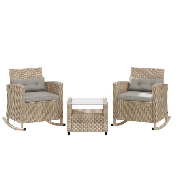 slide 40 of 45, Corvus Fatih 3-piece Outdoor Wicker Rocking Chat Set with Cushions Natural with Beige Finish