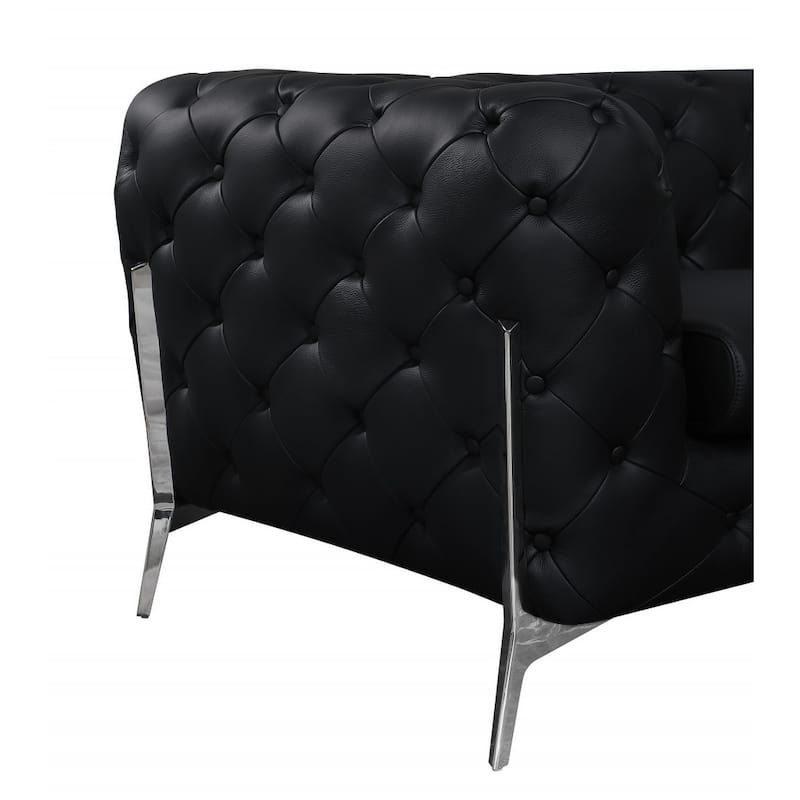 HomeRoots 93" Black Italian Leather Sofa With Silver Legs - 31" H x 93" W x 38" D