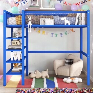 Modern Style Full Size Metal Loft Bed with 4-Tier Shelves and Storage, Creative Structure, Storage Space, Good Stability, Blue