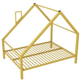 Full Size Metal House Platform Bed with Roof and Chimney Gold