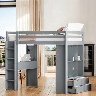 Twin Size Loft Bed With Large Shelves, Writing Desk And Led Light, Maximum Storage Space