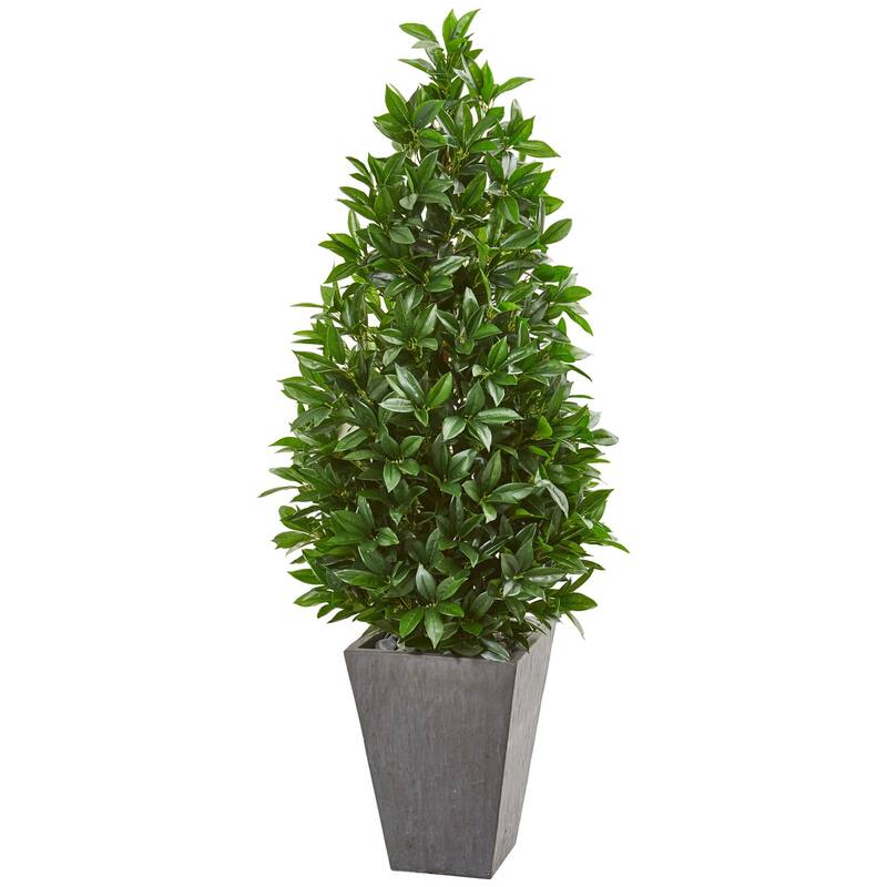 Artificial Topiary Tree 57In. Cone Shaped Indoor Outdoor Decor Slate Planter Included - Green