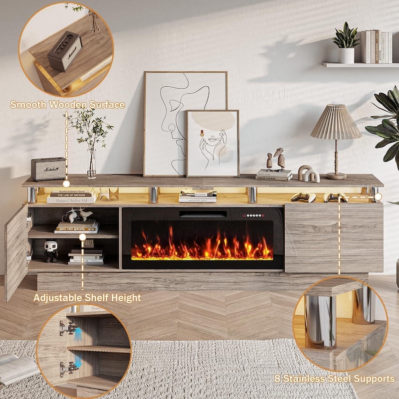 BOSSIN Modern 80" TV Stand with 36" Fireplace & LED Lights for TVs Up to 90", White with Golden Pillars, Storage Cabinets
