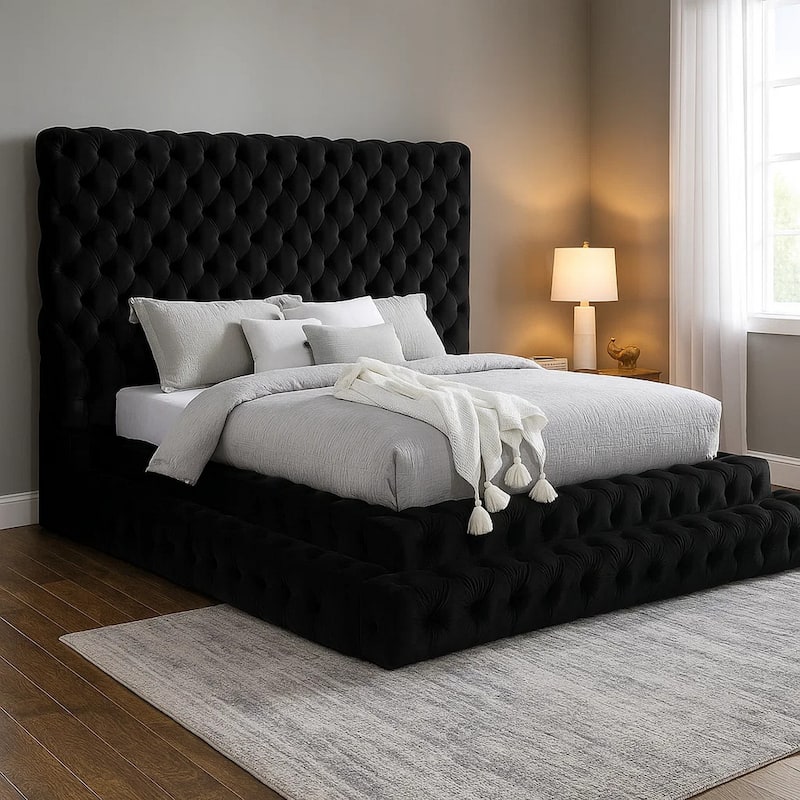 Steph Queen Bed, Black Button Tufted Flannelette Upholstery, XL Headboard