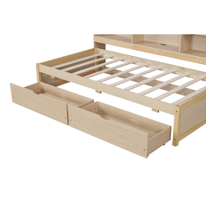 Twin Bed Frame Wooden Platform Twin Bed with Built-in USB Port, Side Bookshelves and 2 Drawers