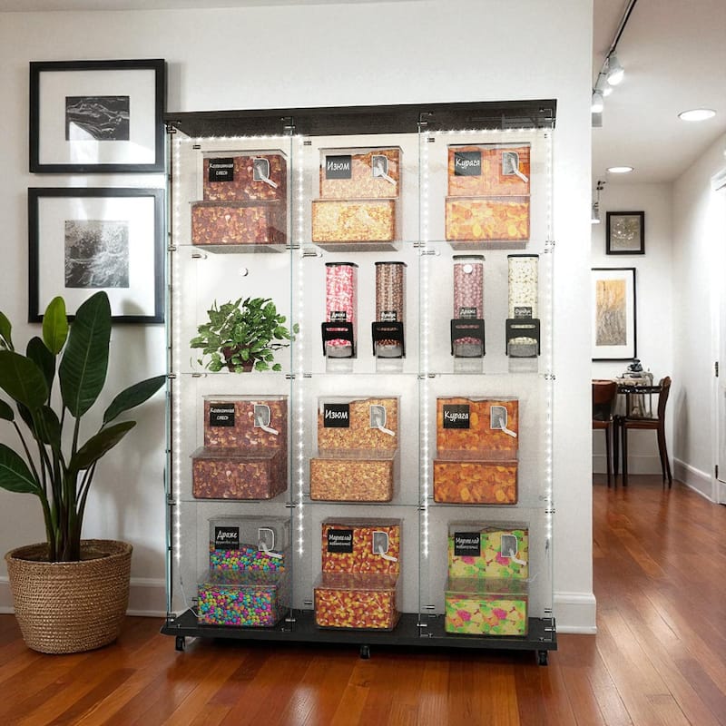 65" Tempered Glass Display Cabinet with Bluetooth LED Lights, Lockable Doors, Casters, 5-Shelf Storage Showcase