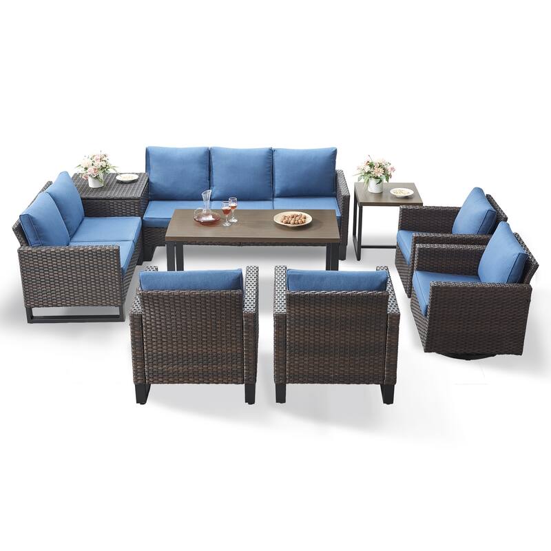Gymojoy 9 Person Outdoor Courtyard Wicker Family Conversation Set Group With Swivel Chairs And Storage