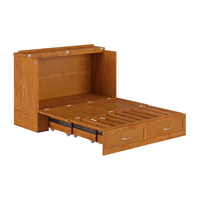 Full Murphy Bed Chest with Mattress & Storage - Light Toffee Finish