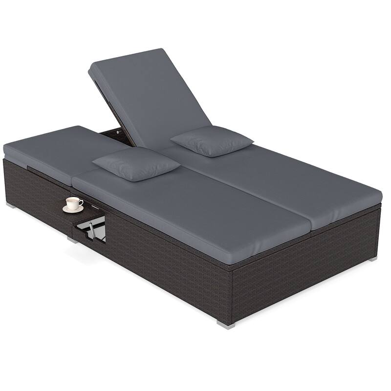 Gymax Patio Daybed PE Wicker Double Chaise Lounge w/ Adjustable