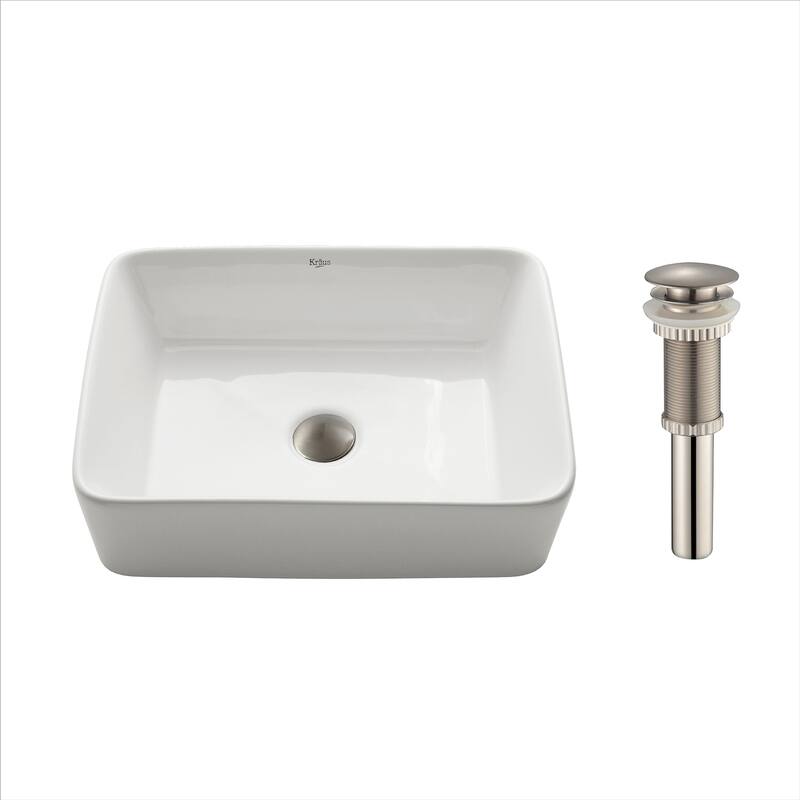 Kraus Elavo 19 inch Rectangle Porcelain Ceramic Vessel Bathroom Sink - White w/ Satin Nickel Pop Up Drain