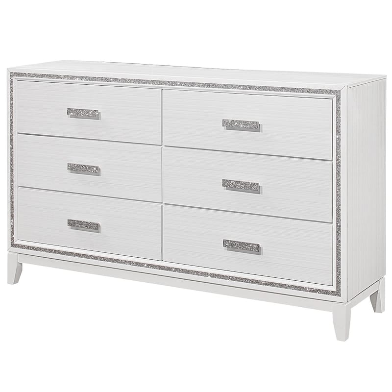 HomeRoots 63" White And Silver Faux Crystal Bling Wood Six Drawer Double Dresser
