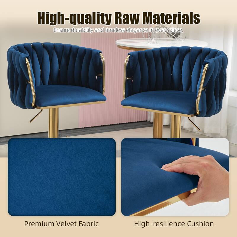 Velvet Upholstered Swivel Adjustable Height Bar Stools With Metal Footrest（set of 2）