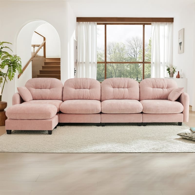Chenille L-shaped Modular Flexible Combination Sectional Sofa with Wooden Base - Pink