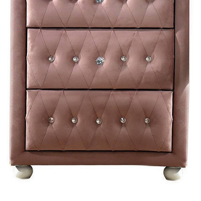 Rex 38 Inch Tall Upholstered Dresser Chest, 4 Drawer, Crystal Handles, Pink