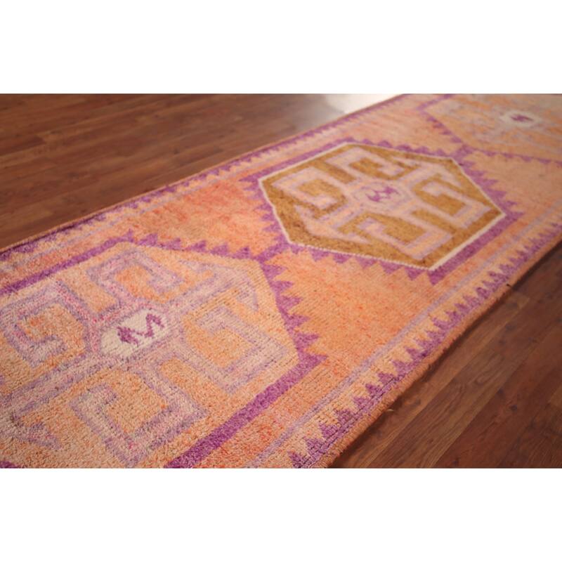 Geometric Oushak Oriental Vintage Runner Rug Hand-Knotted Wool Carpet - 3'6"x 10'4"
