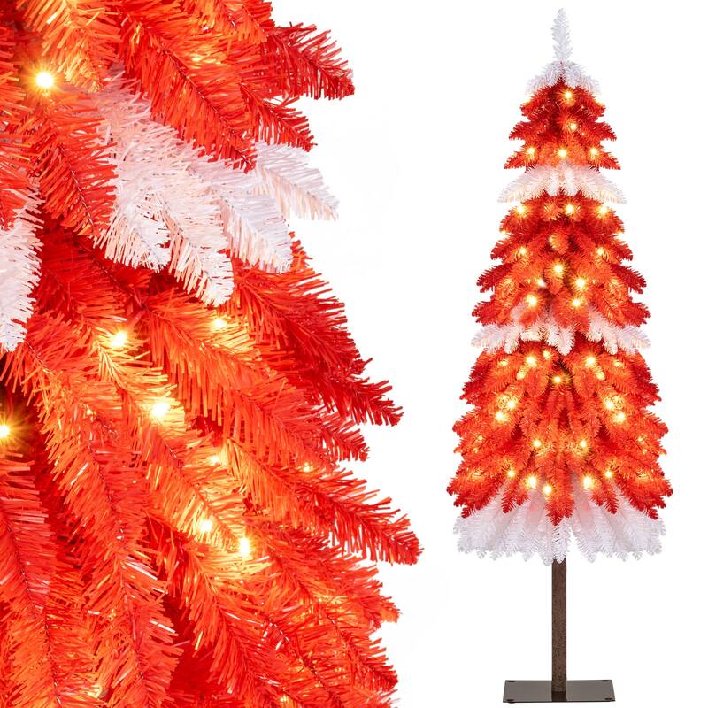Gymax 5 FT Artificial Christmas Tree Pre-lit Xmas Trees w/ 301 Red & - Red - 5 Foot