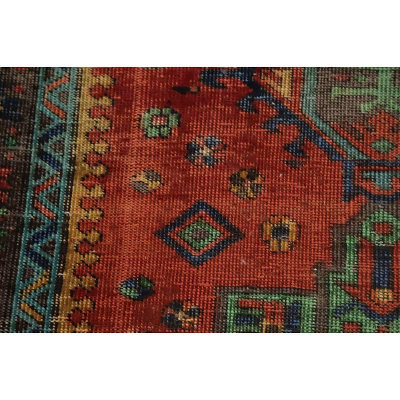 Hand Knotted Oriental 100% Wool Carpet Traditional Geometric Oranges & Rust Heriz Runner Rug - 10' 1'' X 3' 5''