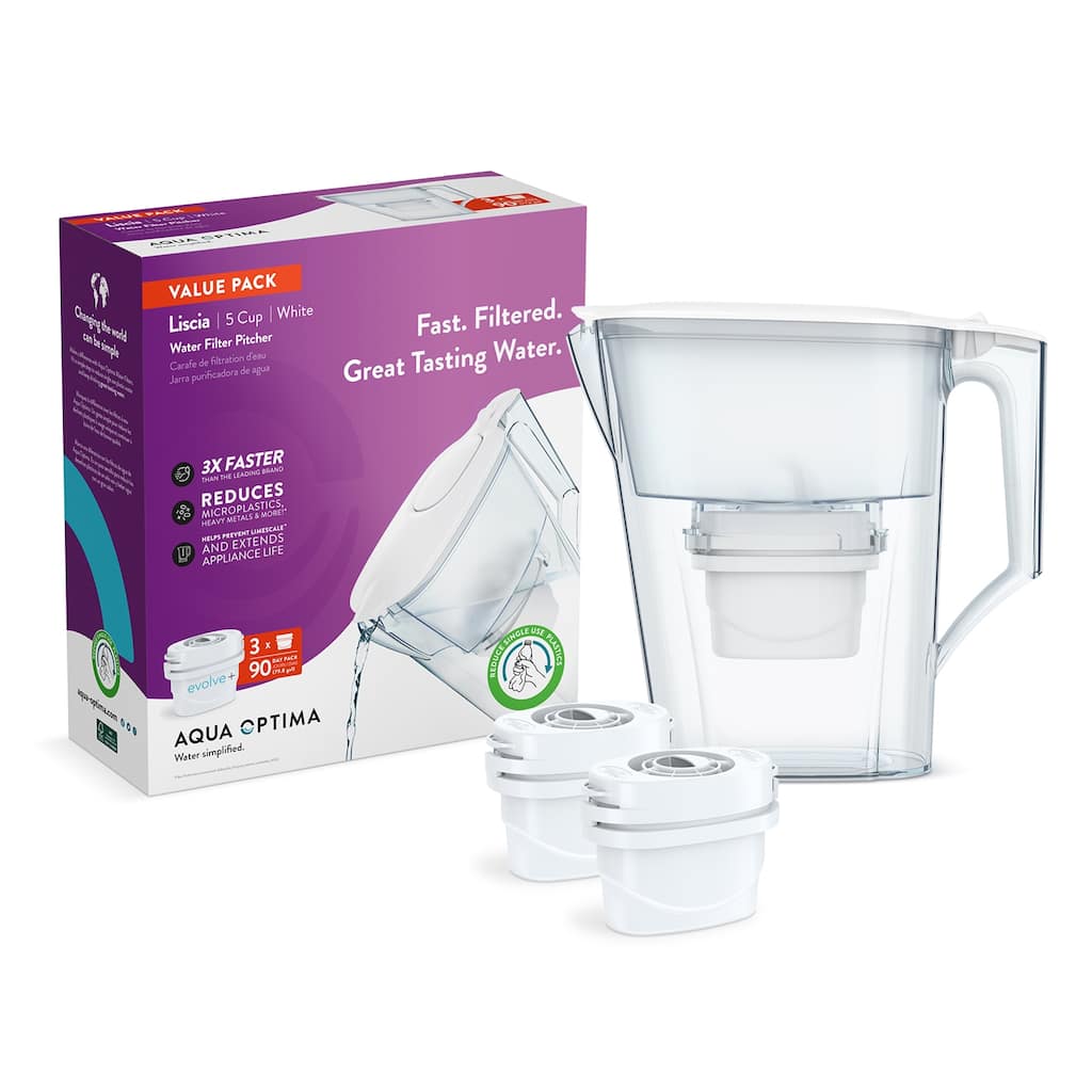 Aqua Optima Water Filter Pitcher Value Pack, with 3 Evolve+ Filter, Liscia Design, White - 40 Gallon
