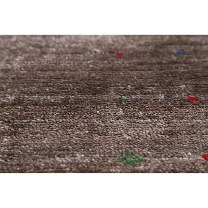 Hand Knotted Oriental Viscose Silk Carpet Tribal Stripe Greys & Charcoal Gabbeh Area Rug - 9' 7'' X 8' 5''