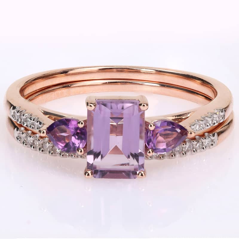 Miadora 10k Rose Gold Rose de France African Amethyst & 1/10ct TDW Diamond 3-Stone Bridal Ring Set
