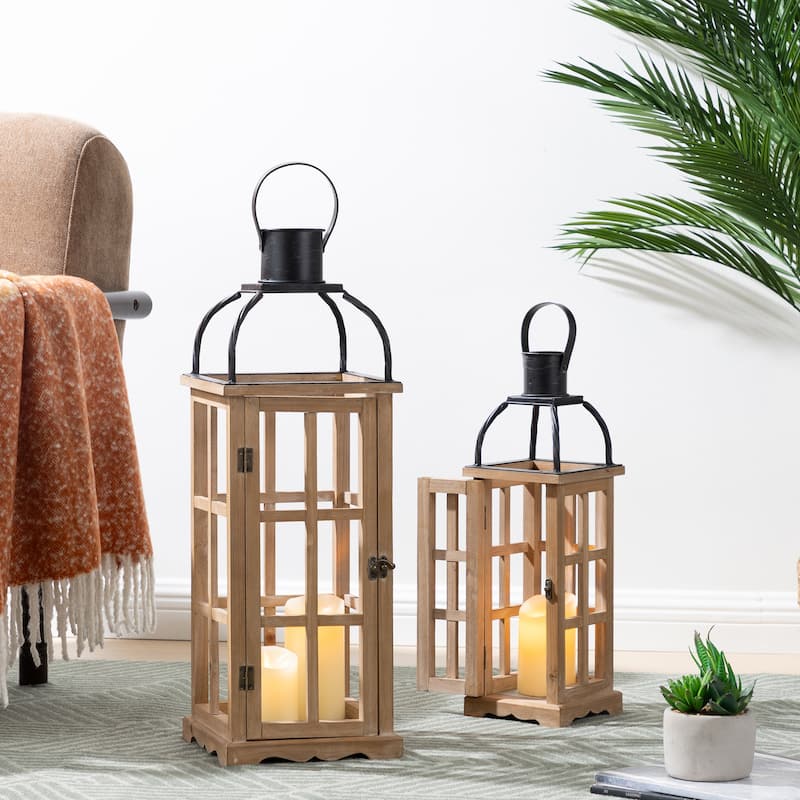 Glitzhome Farmhouse Wooden Metal Cage Candle Holders Patio Hanging Vintage Lanterns (Set of 2)