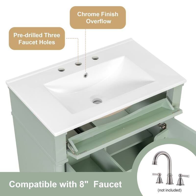 Roomfitters 30" Bathroom Vanity with Sink, Solid Wood Frame, Flip Drawer, 2 Drawers & Door Rack