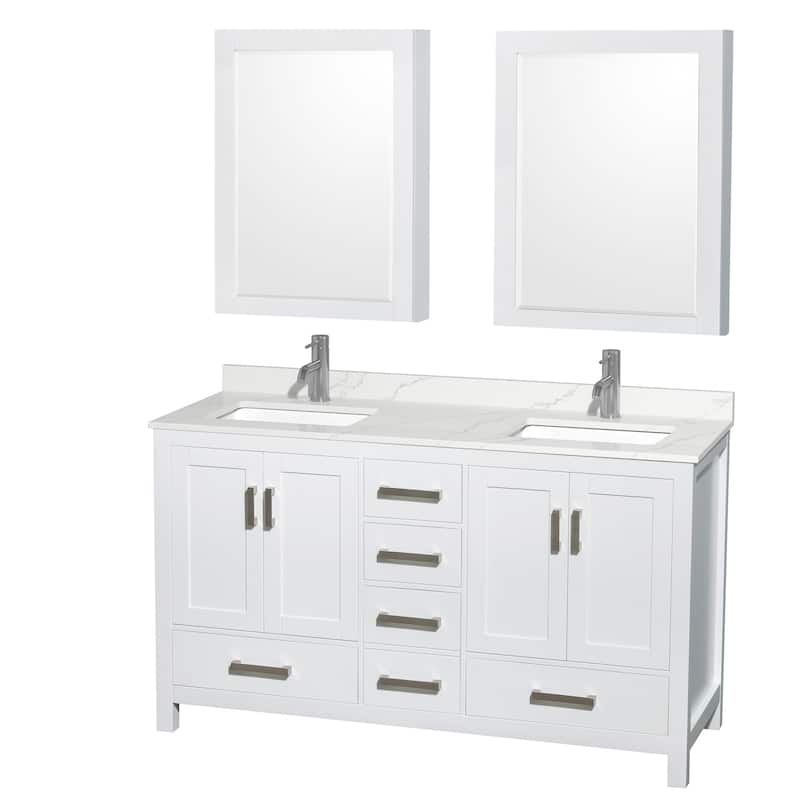 Sheffield 60-inch Double Vanity, Single Hole Quartz Top, Med Cabinets - White, Chrome Trim, Giotto Quartz Top
