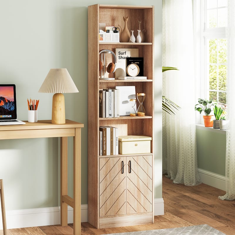 Gymax 71'' Bookshelf w/2-Door Cabinet 6-Tier Bookcase Tall Storage