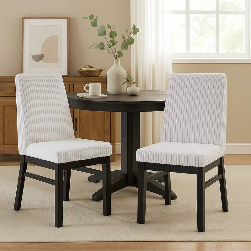 Dining Chair Set of 2, White Fabric Padded Seat, Black Wood Legs