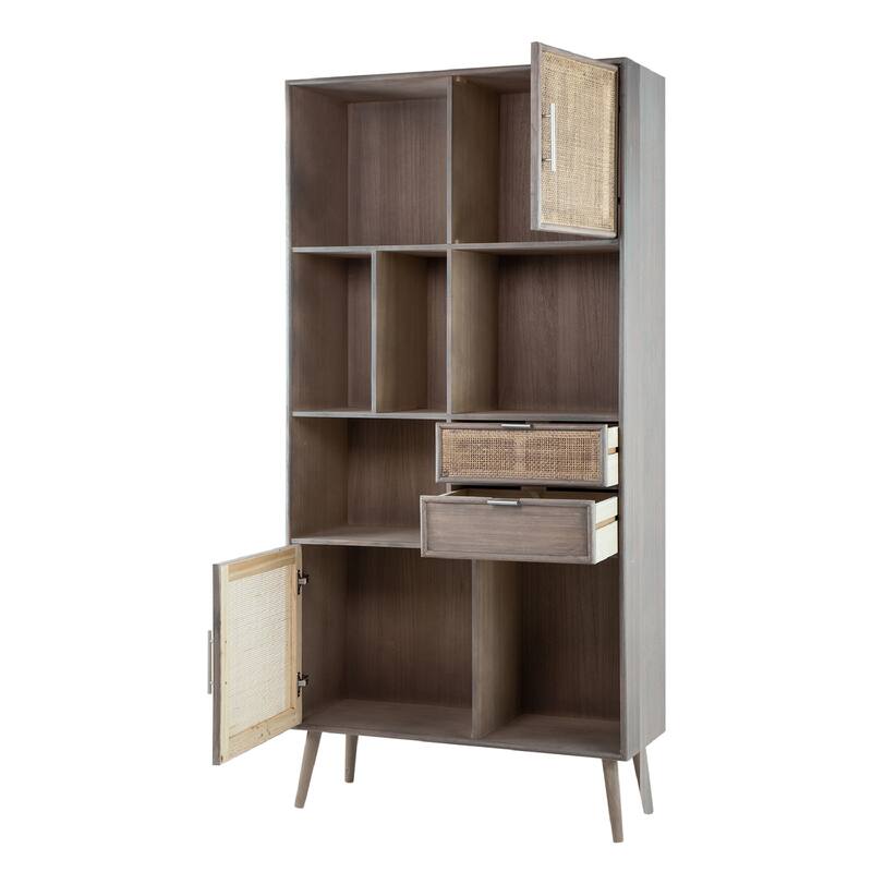 Modern Gray Cabinet with Woven Rattan Panels - Boho Storage Tower with Cubby Shelves for Any Room