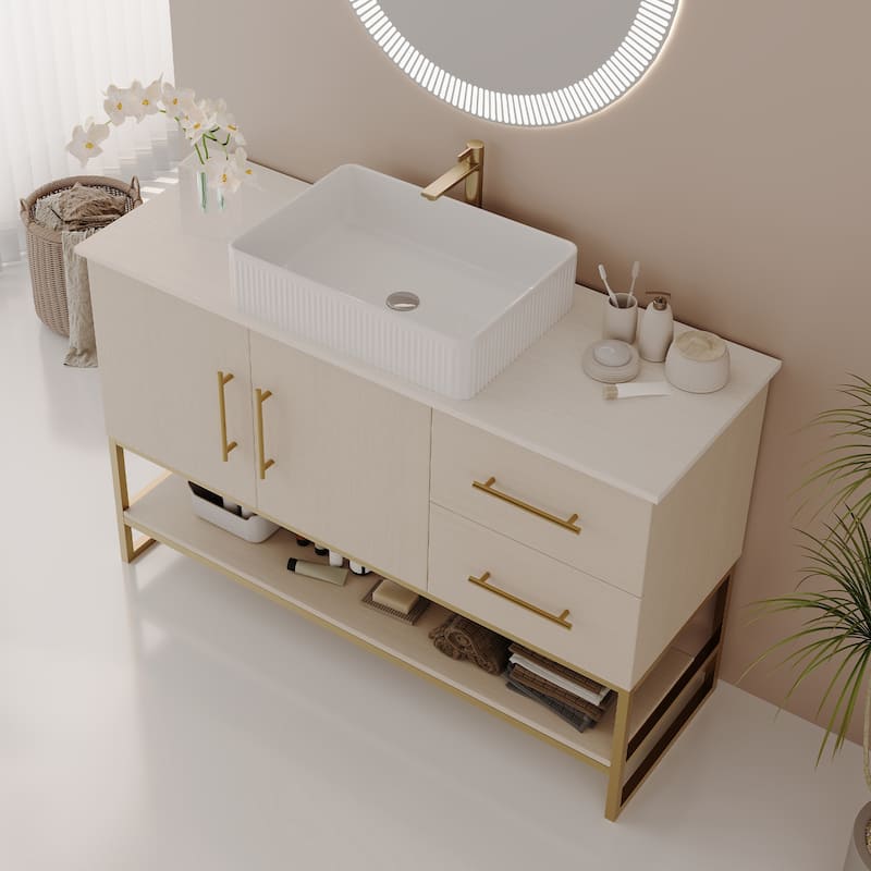 All-in-one Bath Storage Set, Freestanding Bathroom Vanity with Vessel Textured Ceramic Sink and Gold Stainless Steel Base