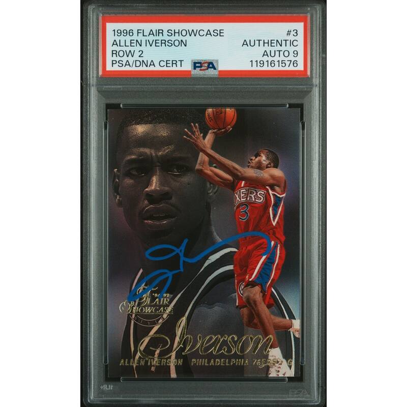 Allen Iverson 1996 Flair Showcase Row 2 Signed Basketball Rookie Card #3 Auto Graded PSA 9 Cert # 119161576 - 8' x 11'